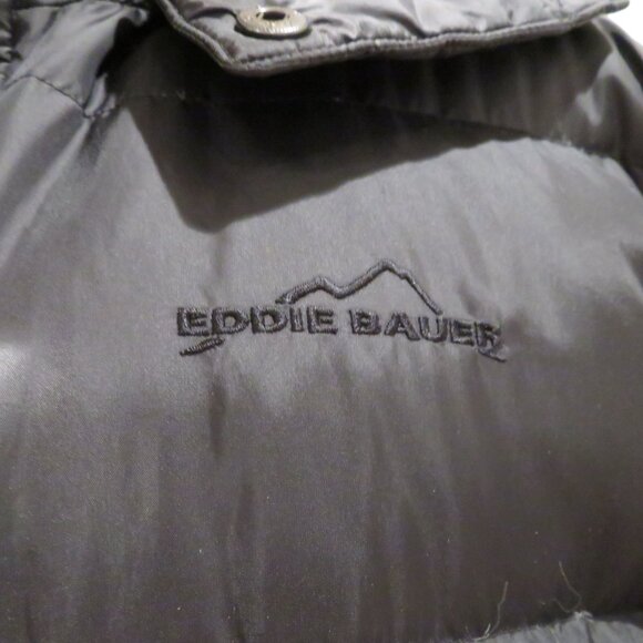 Men Large Black Puffer Jacket Eddie Bauer Goose Down Hood Lightweight Quilted - Picture 3 of 16
